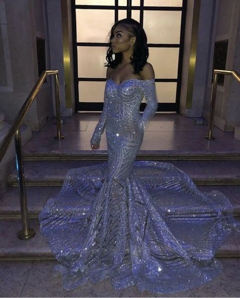 Trendy Royal Blue V-neck Long Sleeve Mermaid Plus Size Sequined Prom D –  Simidress